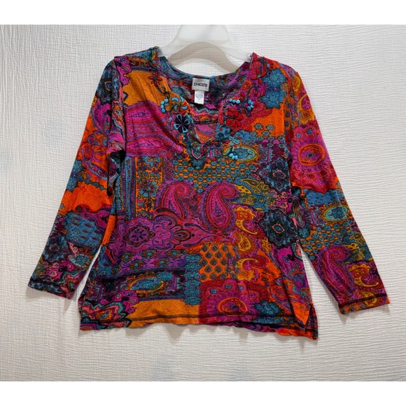 Chico's Paisley Patchwork Tunic Top Women's Size 1 Beaded V Neck Long Sleeve‎ - Picture 2 of 12